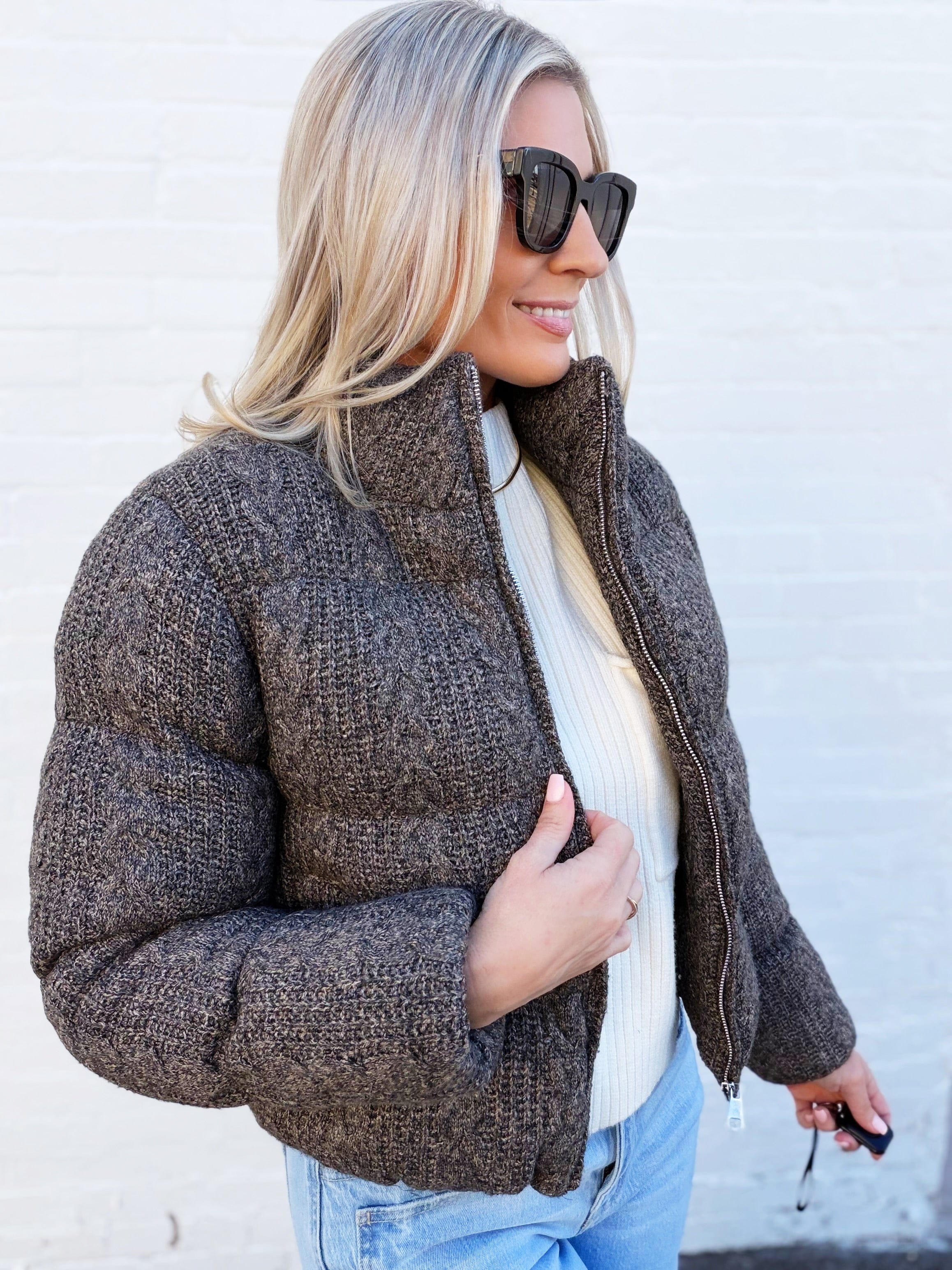 SUNDAYUP Outerwear - Jackets & Coats Woolen Cropped Puffer Jacket In Brown