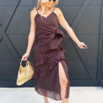 Surplice Neck Cascading Ruffle Polka Dot Dress In Chocolate - Infinity Raine