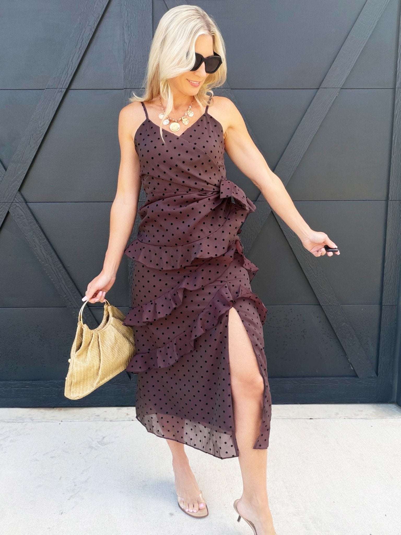 Surplice Neck Cascading Ruffle Polka Dot Dress In Chocolate - Infinity Raine
