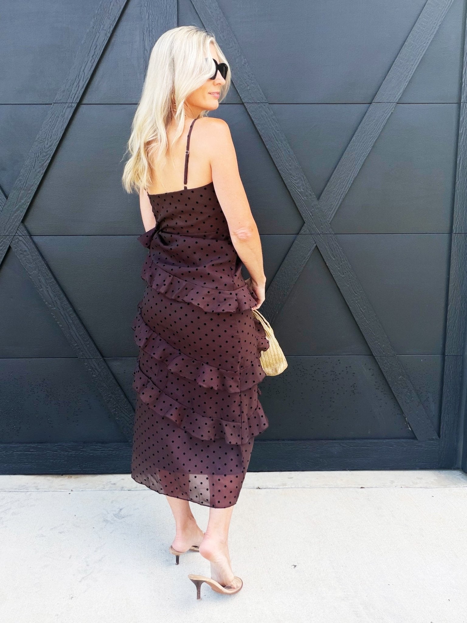 Surplice Neck Cascading Ruffle Polka Dot Dress In Chocolate - Infinity Raine