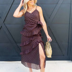 Surplice Neck Cascading Ruffle Polka Dot Dress In Chocolate - Infinity Raine