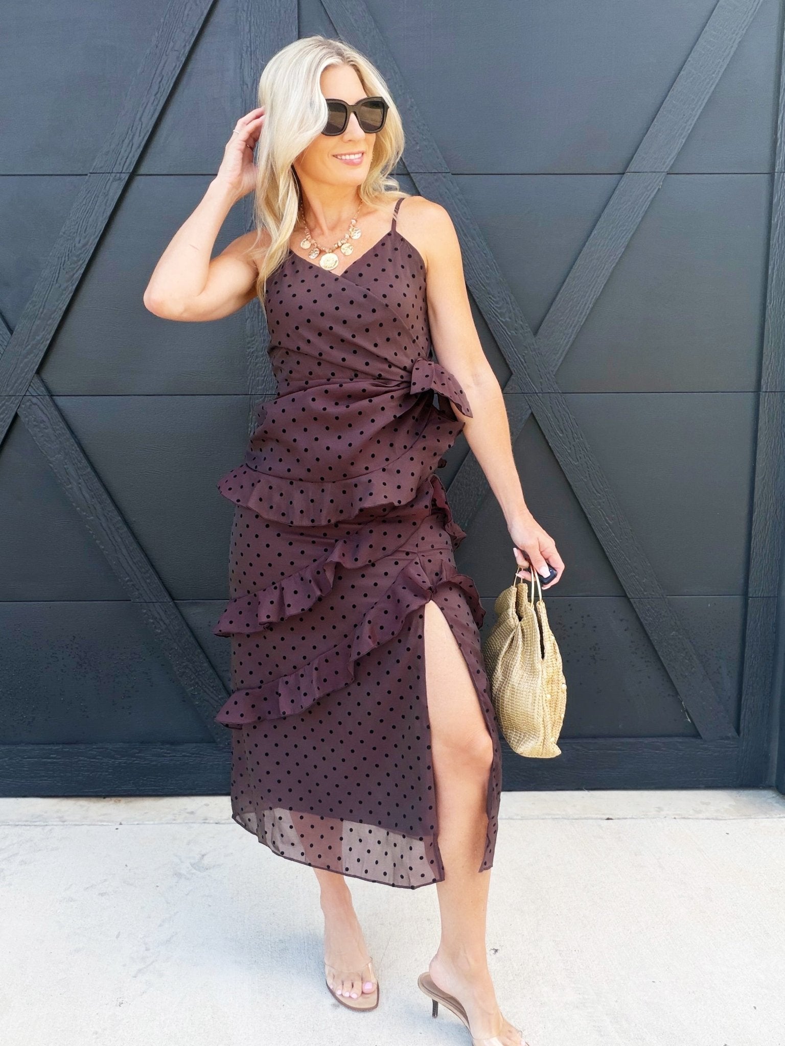 Surplice Neck Cascading Ruffle Polka Dot Dress In Chocolate - Infinity Raine