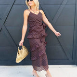 Surplice Neck Cascading Ruffle Polka Dot Dress In Chocolate - Infinity Raine