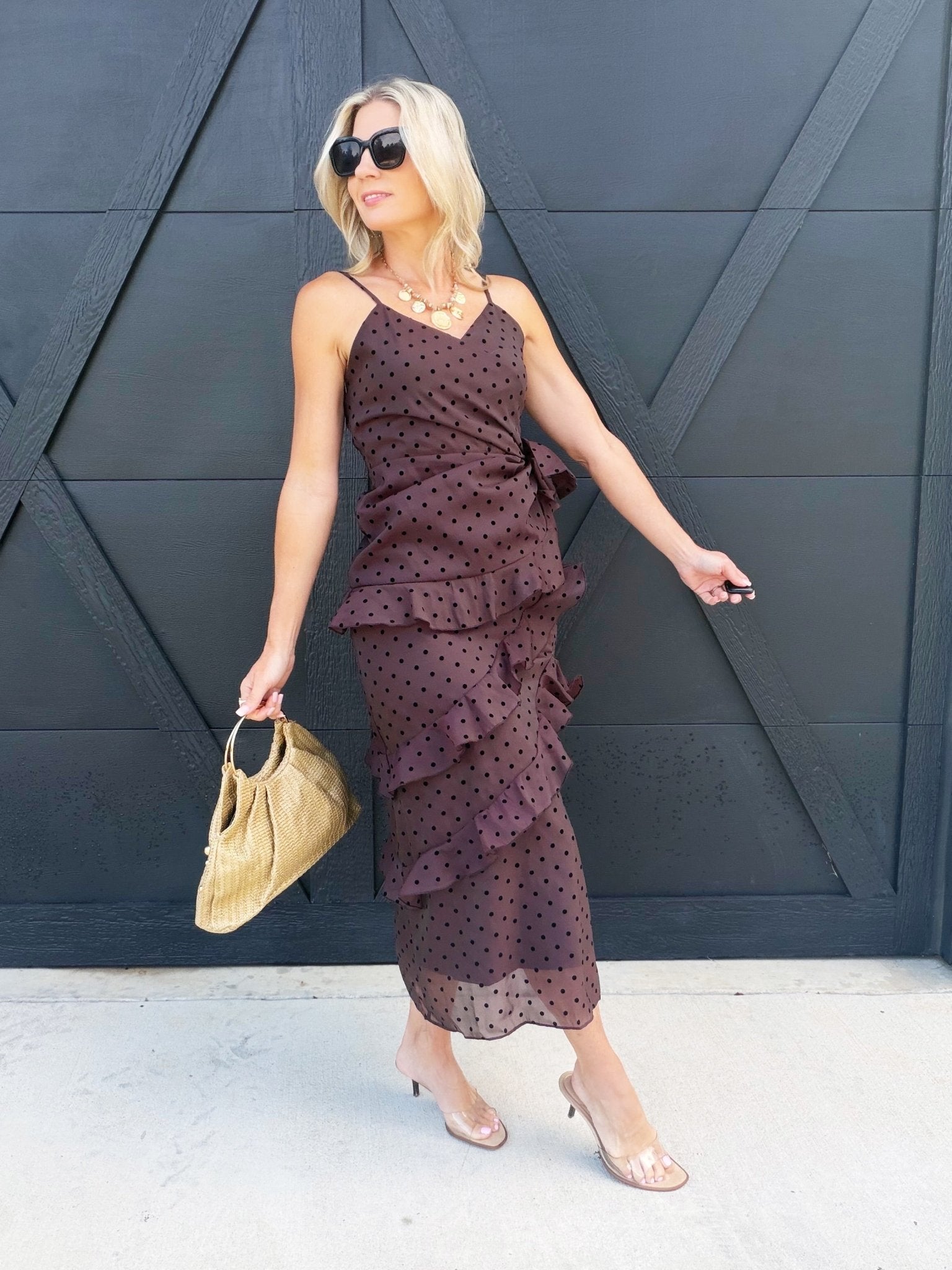 Surplice Neck Cascading Ruffle Polka Dot Dress In Chocolate - Infinity Raine