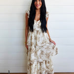 Sweetheart Neckline Ruffle Strap Corset Bodice Floral Midi Dress In Light Khaki - Infinity Raine