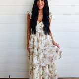 Sweetheart Neckline Ruffle Strap Corset Bodice Floral Midi Dress In Light Khaki - Infinity Raine