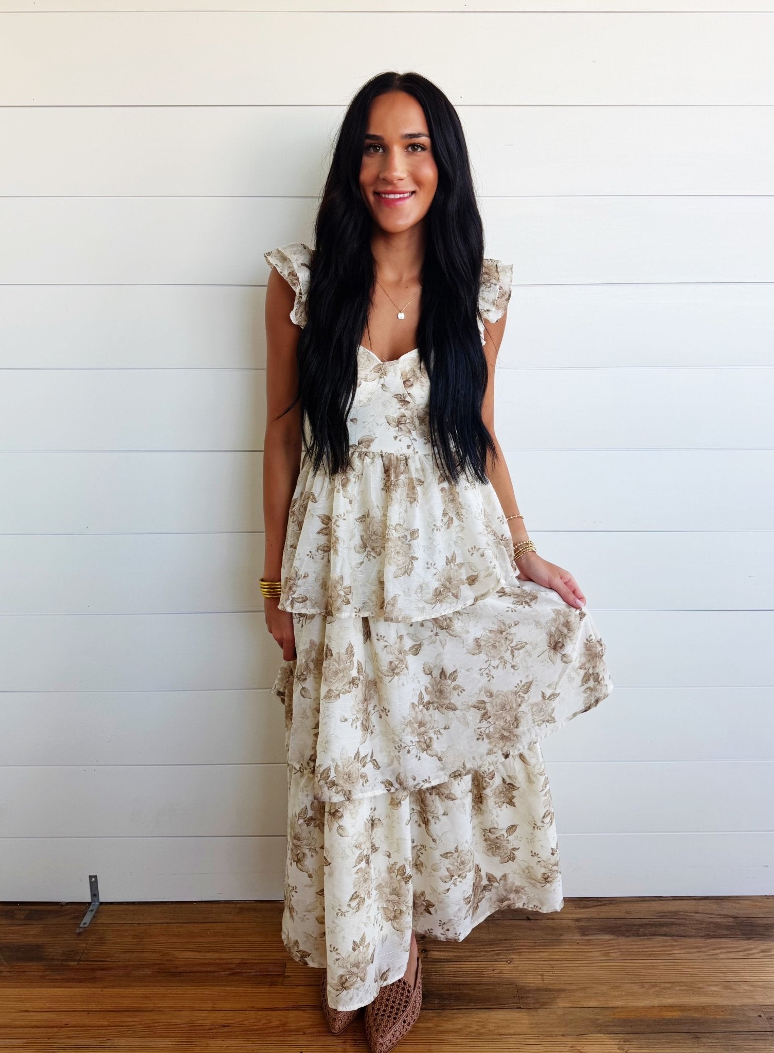Sweetheart Neckline Ruffle Strap Corset Bodice Floral Midi Dress In Light Khaki - Infinity Raine