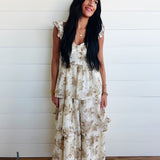 Sweetheart Neckline Ruffle Strap Corset Bodice Floral Midi Dress In Light Khaki - Infinity Raine
