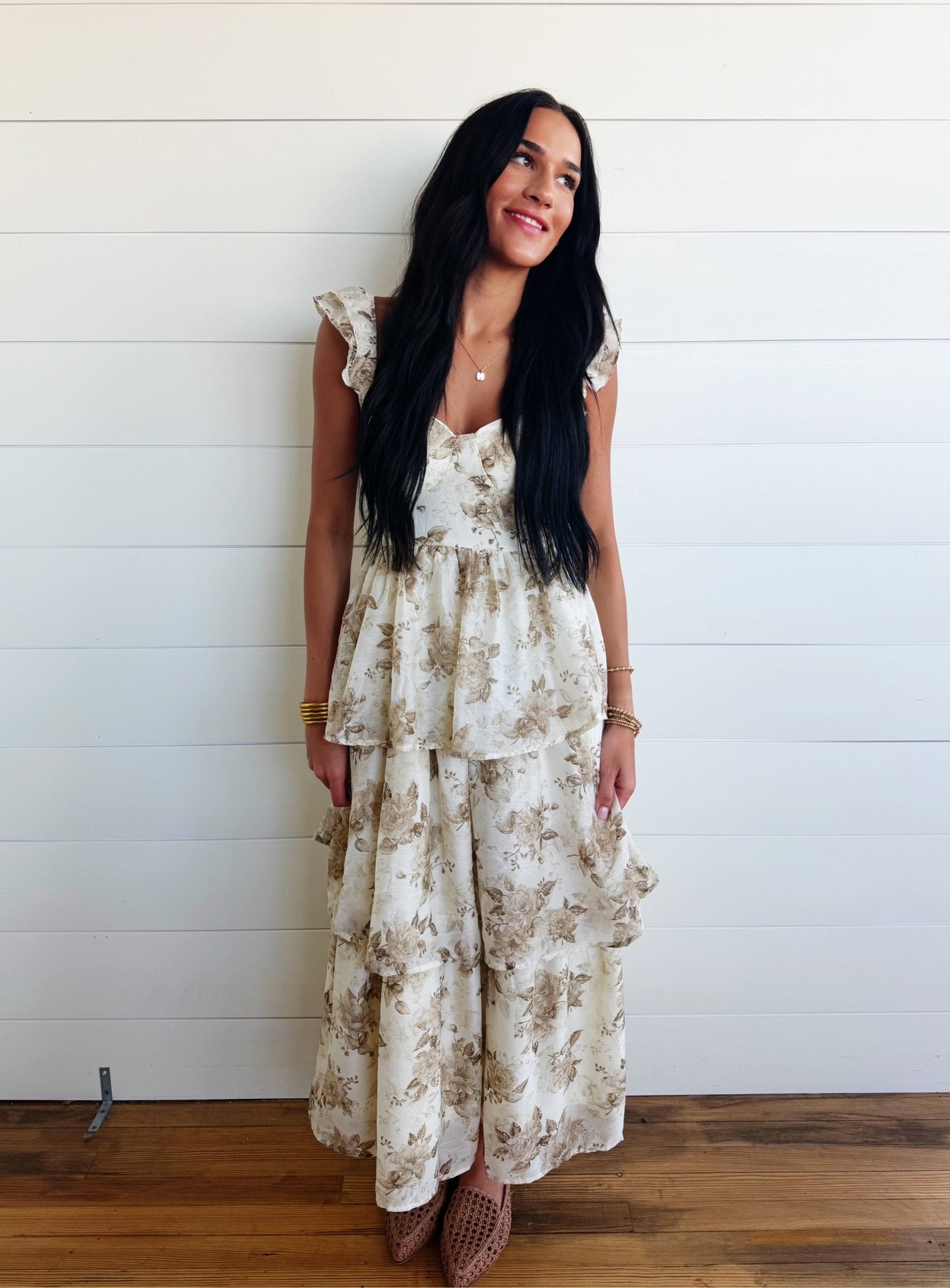 Sweetheart Neckline Ruffle Strap Corset Bodice Floral Midi Dress In Light Khaki - Infinity Raine