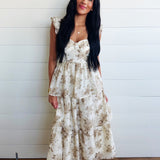 Sweetheart Neckline Ruffle Strap Corset Bodice Floral Midi Dress In Light Khaki - Infinity Raine