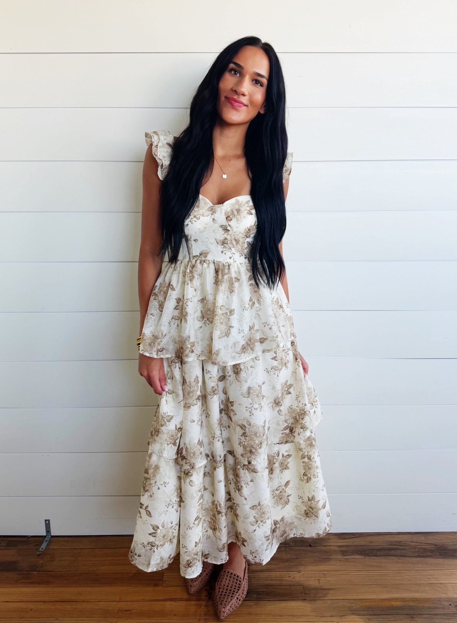 Sweetheart Neckline Ruffle Strap Corset Bodice Floral Midi Dress In Light Khaki - Infinity Raine