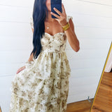 Sweetheart Neckline Ruffle Strap Corset Bodice Floral Midi Dress In Light Khaki - Infinity Raine