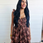 Sweetheart Neckline Ruffle Strap Floral Chiffon Midi Dress-Brown - Infinity Raine