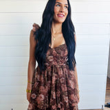 Sweetheart Neckline Ruffle Strap Floral Chiffon Midi Dress-Brown - Infinity Raine