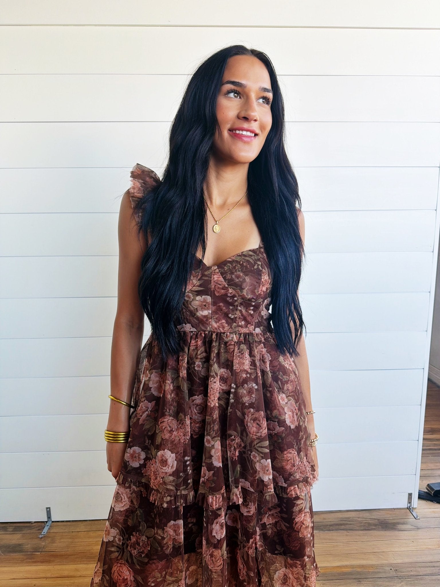 Sweetheart Neckline Ruffle Strap Floral Chiffon Midi Dress-Brown - Infinity Raine