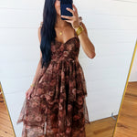 Sweetheart Neckline Ruffle Strap Floral Chiffon Midi Dress-Brown - Infinity Raine
