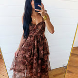 Sweetheart Neckline Ruffle Strap Floral Chiffon Midi Dress-Brown - Infinity Raine