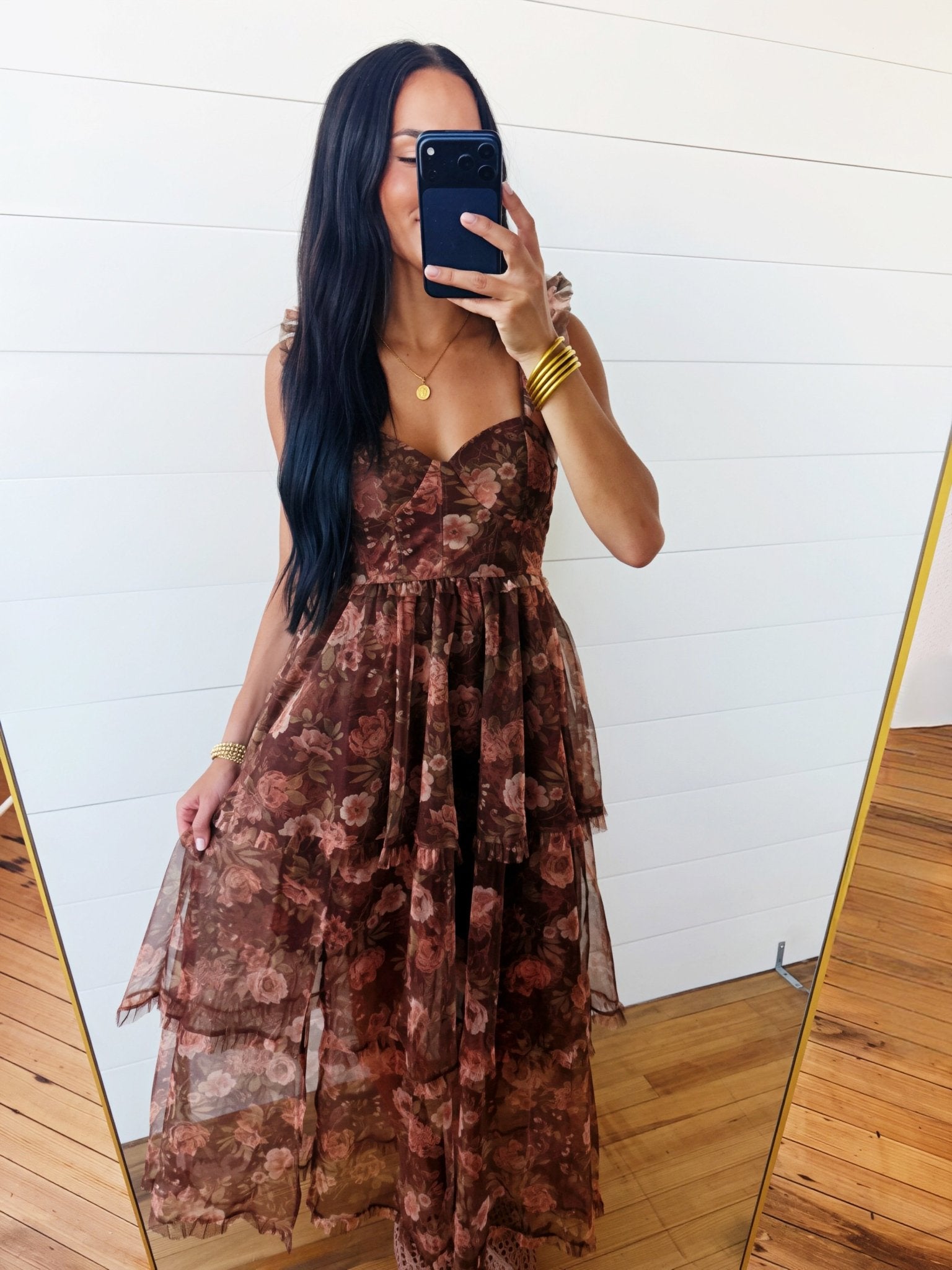 Sweetheart Neckline Ruffle Strap Floral Chiffon Midi Dress-Brown S
