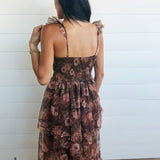 Sweetheart Neckline Ruffle Strap Floral Chiffon Midi Dress-Brown - Infinity Raine