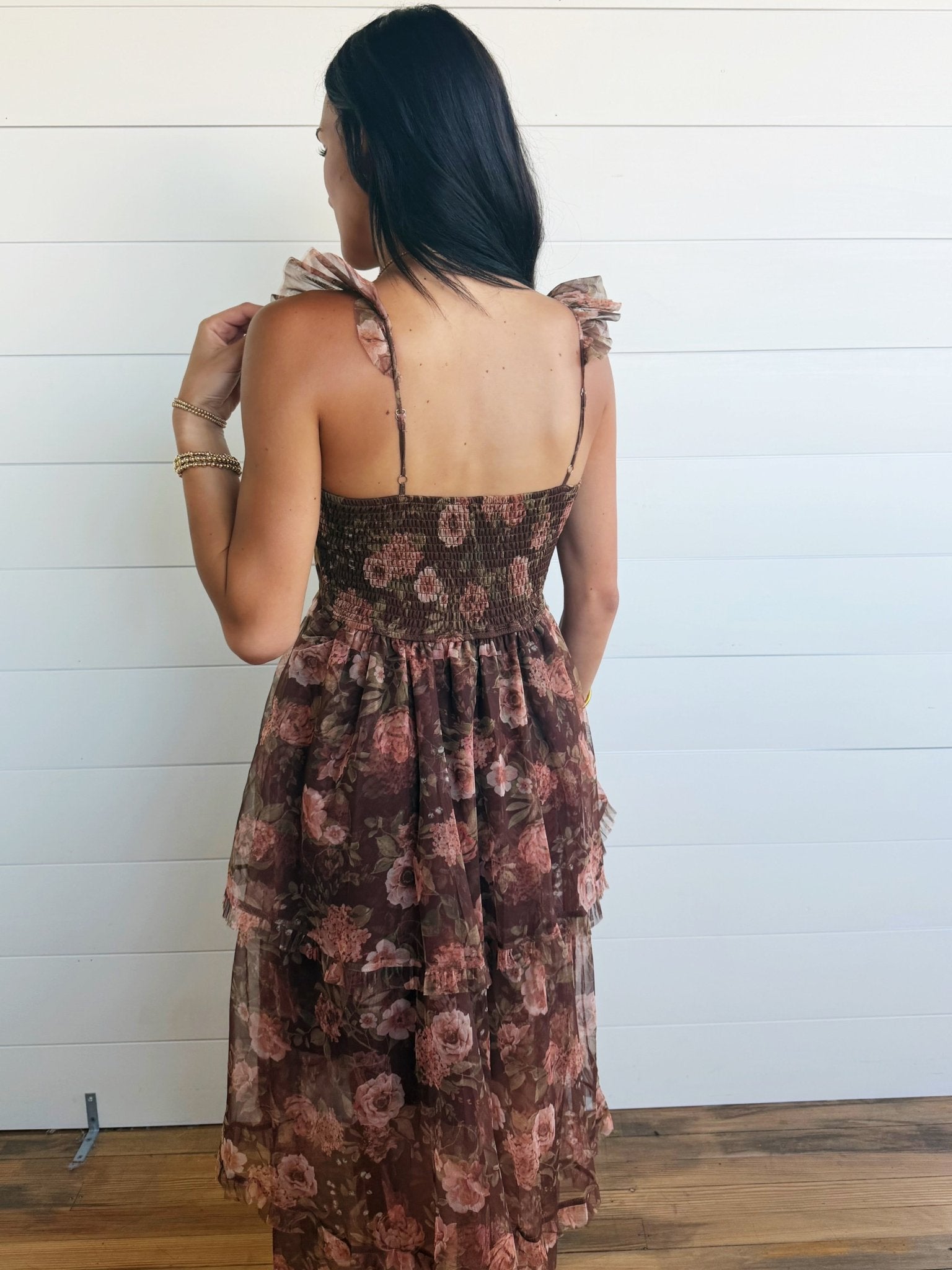 Sweetheart Neckline Ruffle Strap Floral Chiffon Midi Dress-Brown - Infinity Raine