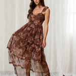 Sweetheart Neckline Ruffle Strap Floral Chiffon Midi Dress-Brown - Infinity Raine