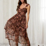 Sweetheart Neckline Ruffle Strap Floral Chiffon Midi Dress-Brown - Infinity Raine