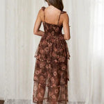 Sweetheart Neckline Ruffle Strap Floral Chiffon Midi Dress-Brown - Infinity Raine