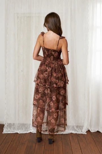 Sweetheart Neckline Ruffle Strap Floral Chiffon Midi Dress-Brown - Infinity Raine