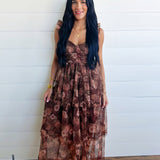 Sweetheart Neckline Ruffle Strap Floral Chiffon Midi Dress-Brown - Infinity Raine