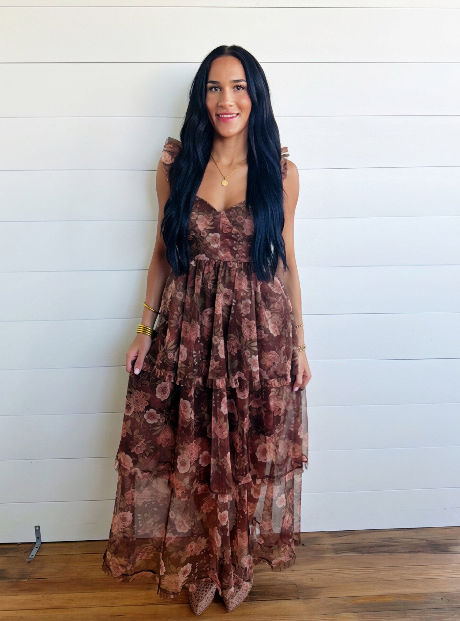 Sweetheart Neckline Ruffle Strap Floral Chiffon Midi Dress-Brown - Infinity Raine