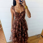 Sweetheart Neckline Ruffle Strap Floral Chiffon Midi Dress-Brown - Infinity Raine