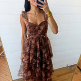 Sweetheart Neckline Ruffle Strap Floral Chiffon Midi Dress-Brown - Infinity Raine