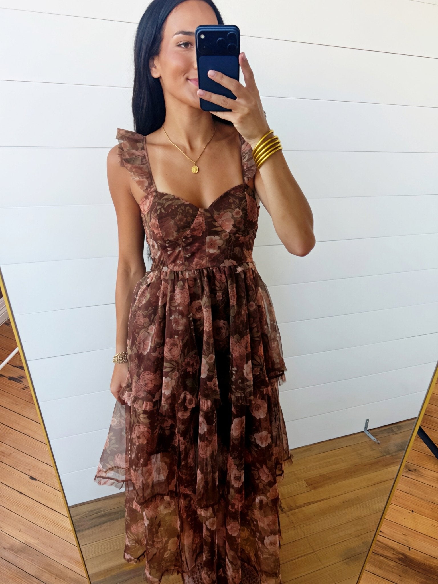Sweetheart Neckline Ruffle Strap Floral Chiffon Midi Dress-Brown - Infinity Raine