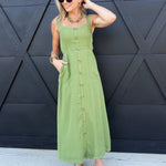 Sweetheart Neckline Sleeveless Button Detail Midi Dress in Kiwi Green - Infinity Raine