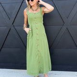 Sweetheart Neckline Sleeveless Button Detail Midi Dress in Kiwi Green - Infinity Raine