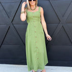 Sweetheart Neckline Sleeveless Button Detail Midi Dress in Kiwi Green - Infinity Raine