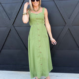 Sweetheart Neckline Sleeveless Button Detail Midi Dress in Kiwi Green - Infinity Raine