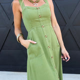 Sweetheart Neckline Sleeveless Button Detail Midi Dress in Kiwi Green - Infinity Raine