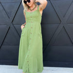 Sweetheart Neckline Sleeveless Button Detail Midi Dress in Kiwi Green - Infinity Raine