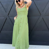 Sweetheart Neckline Sleeveless Button Detail Midi Dress in Kiwi Green - Infinity Raine