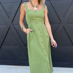 Sweetheart Neckline Sleeveless Button Detail Midi Dress in Kiwi Green - Infinity Raine