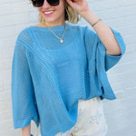 Sweetkama Tops - Sweaters Hollow Knit Bat Sleeve Top In Blue