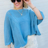 Sweetkama Tops - Sweaters Hollow Knit Bat Sleeve Top In Blue