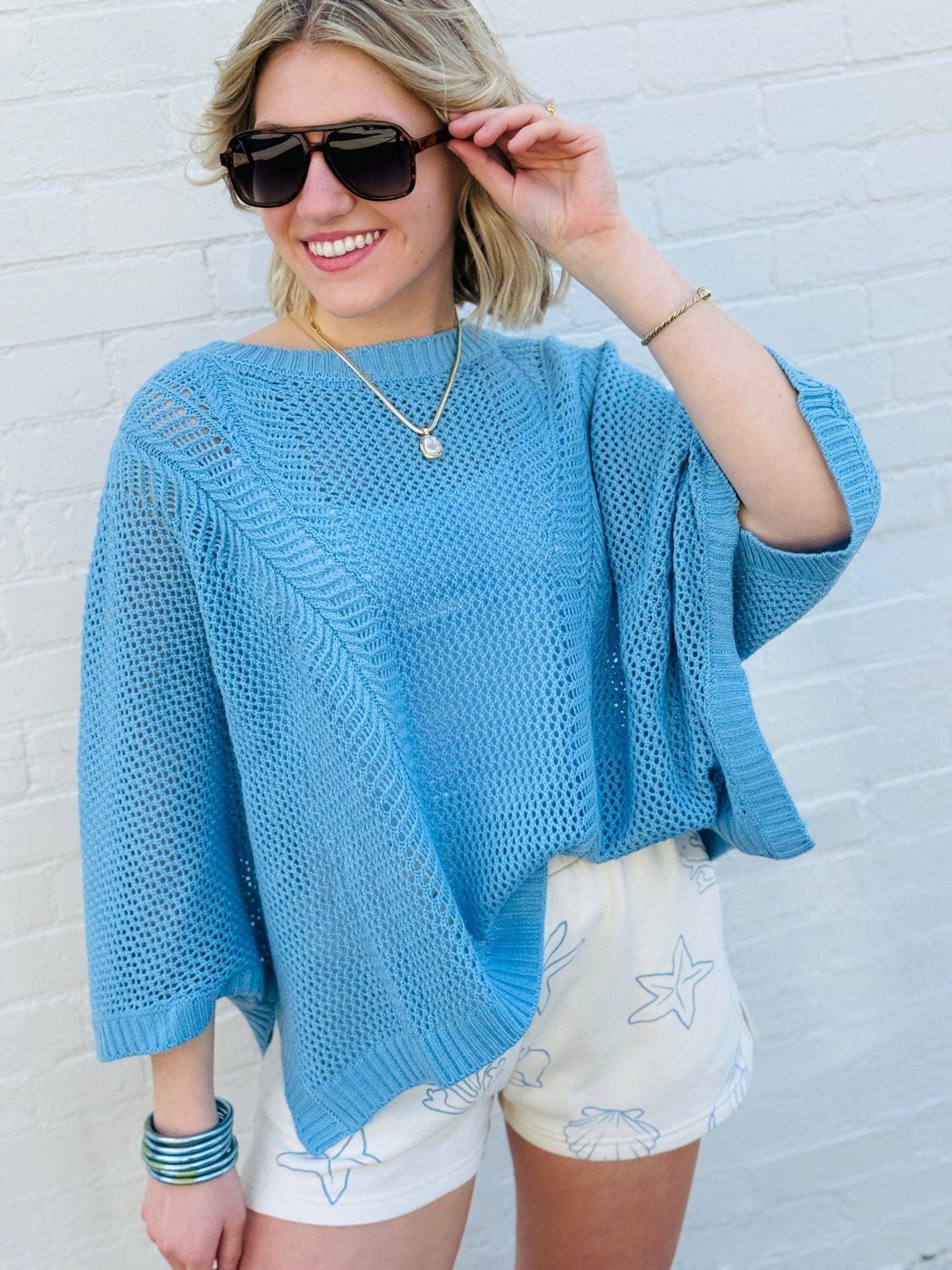 Sweetkama Tops - Sweaters Hollow Knit Bat Sleeve Top In Blue