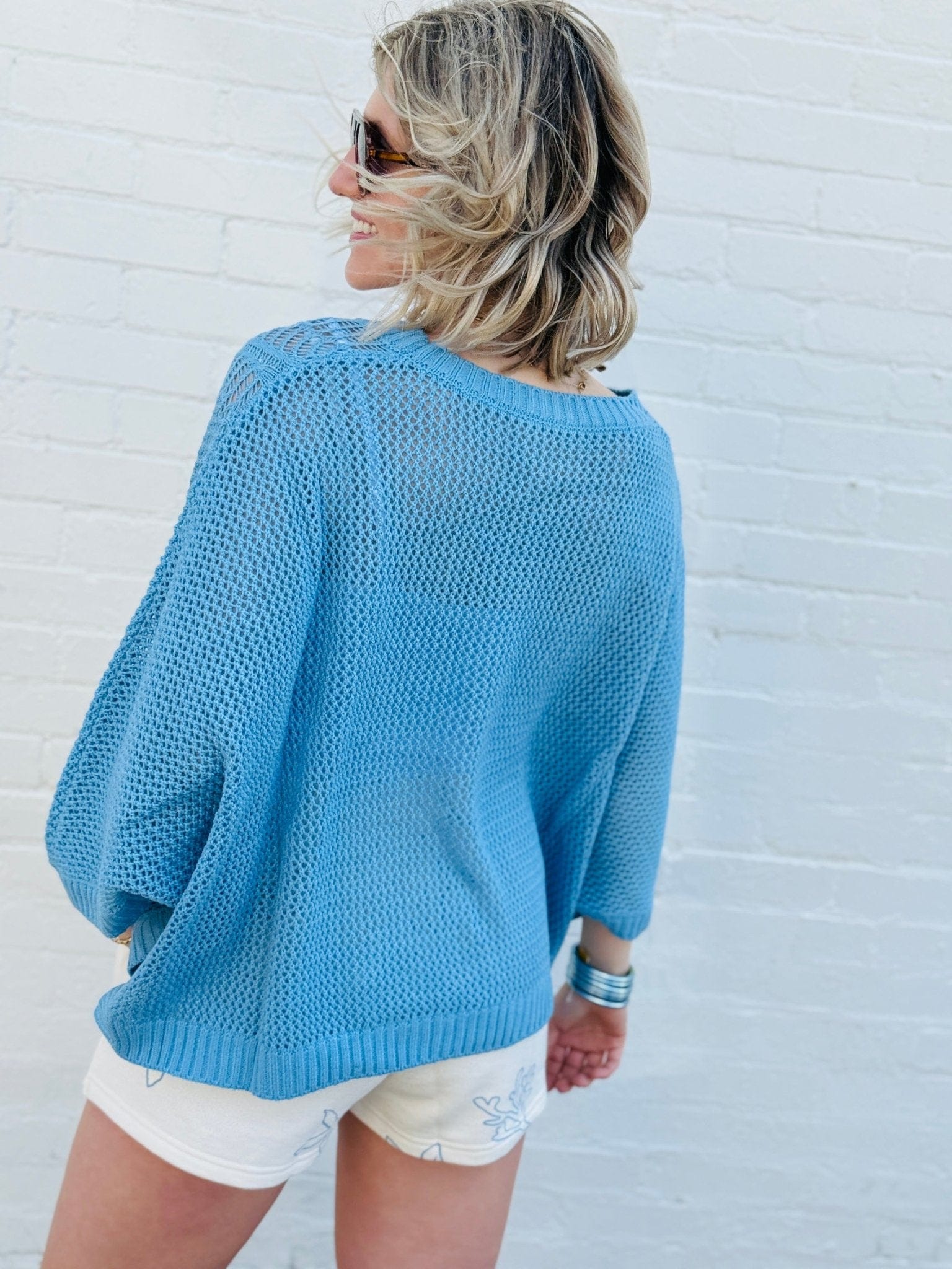 Sweetkama Tops - Sweaters Hollow Knit Bat Sleeve Top In Blue