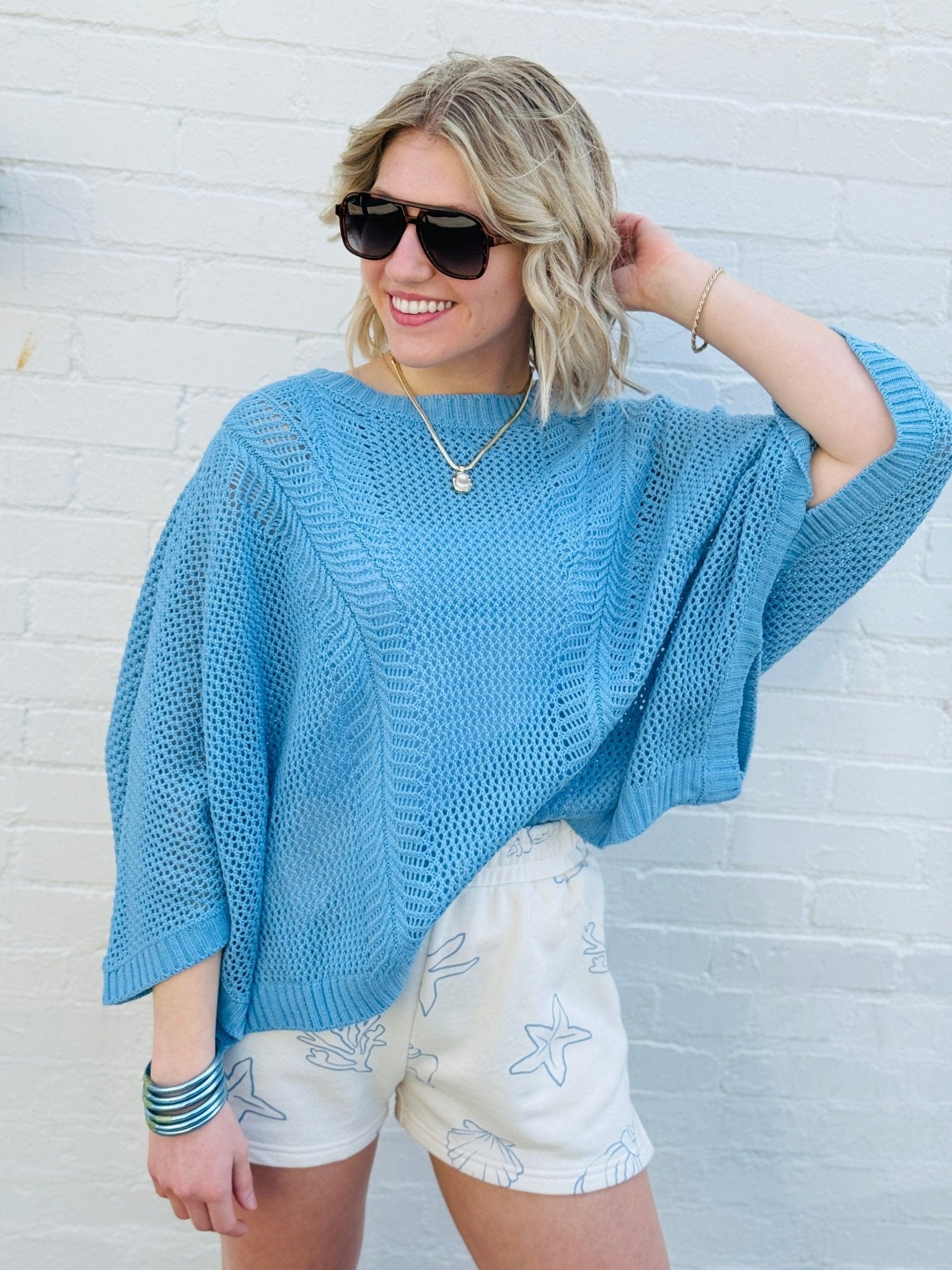 Sweetkama Tops - Sweaters Hollow Knit Bat Sleeve Top In Blue
