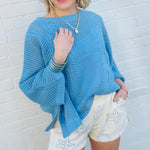 Sweetkama Tops - Sweaters Hollow Knit Bat Sleeve Top In Blue