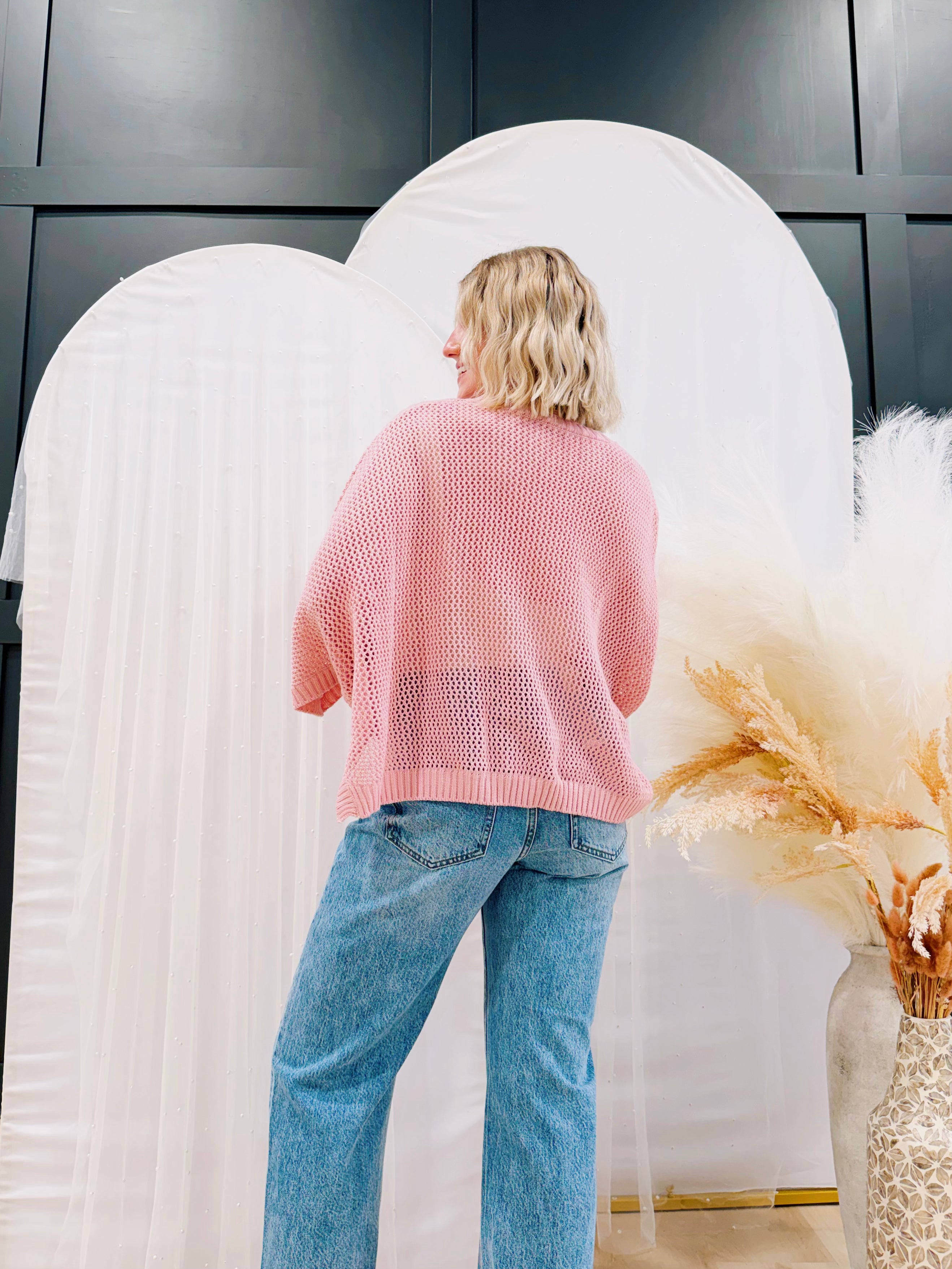 Hollow Knit Bat Sleeve Top In Pink - Infinity Raine