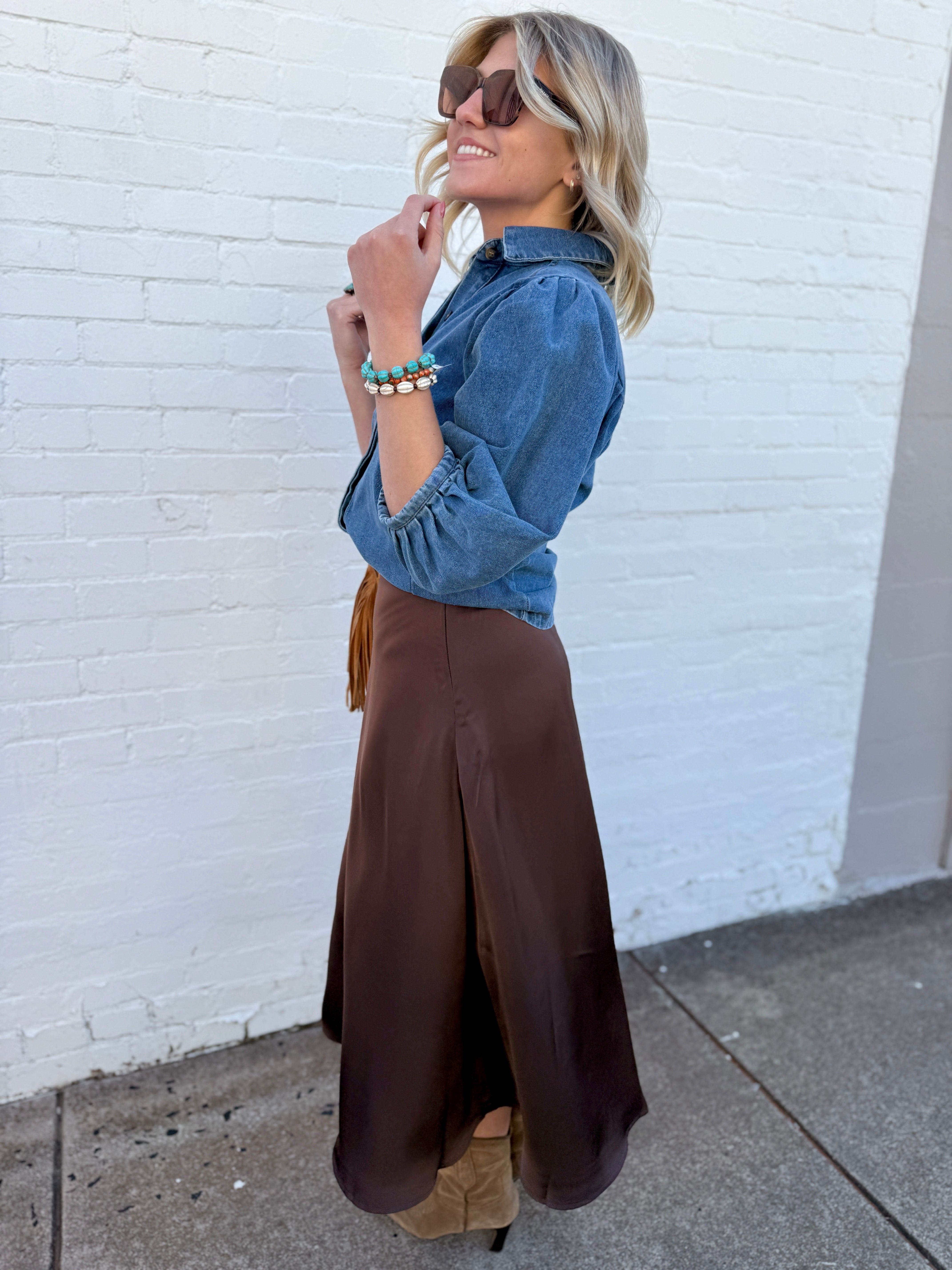 TABA Bottoms - Skirts Bias Cut Satin Skirt In Coffee