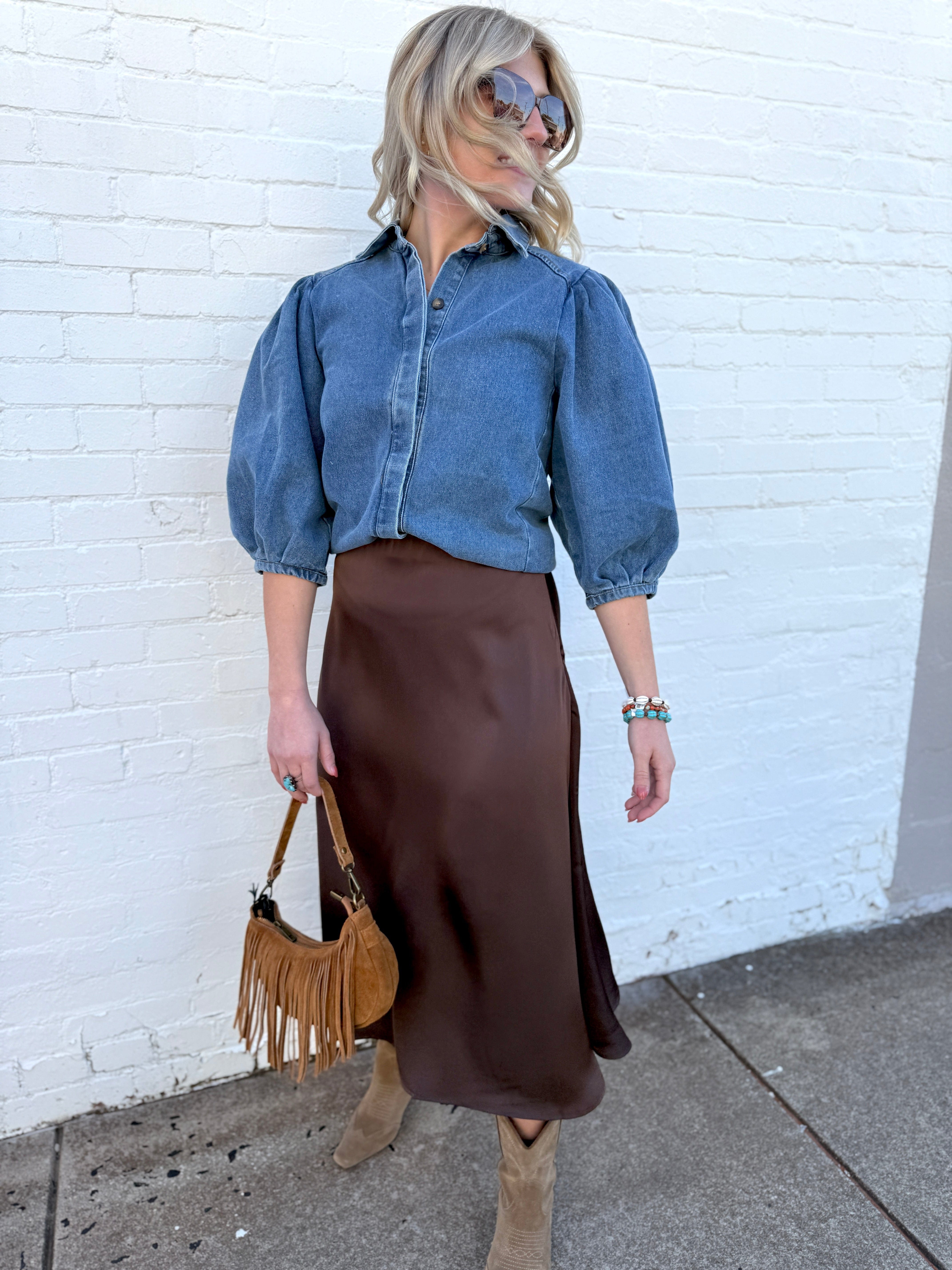 TABA Bottoms - Skirts Bias Cut Satin Skirt In Coffee